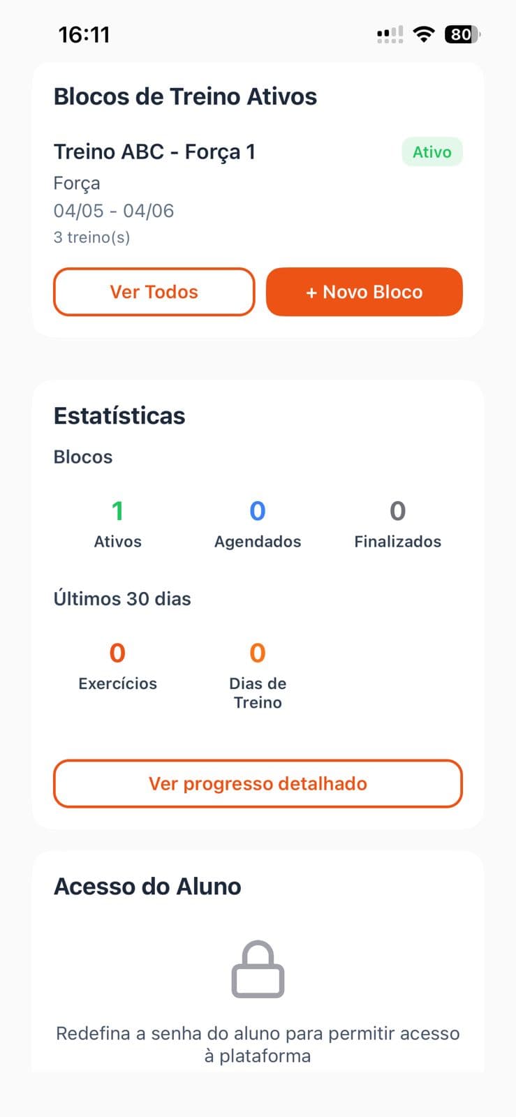 Tela de detalhe do aluno com blocos ativos e estatísticas no Reavit